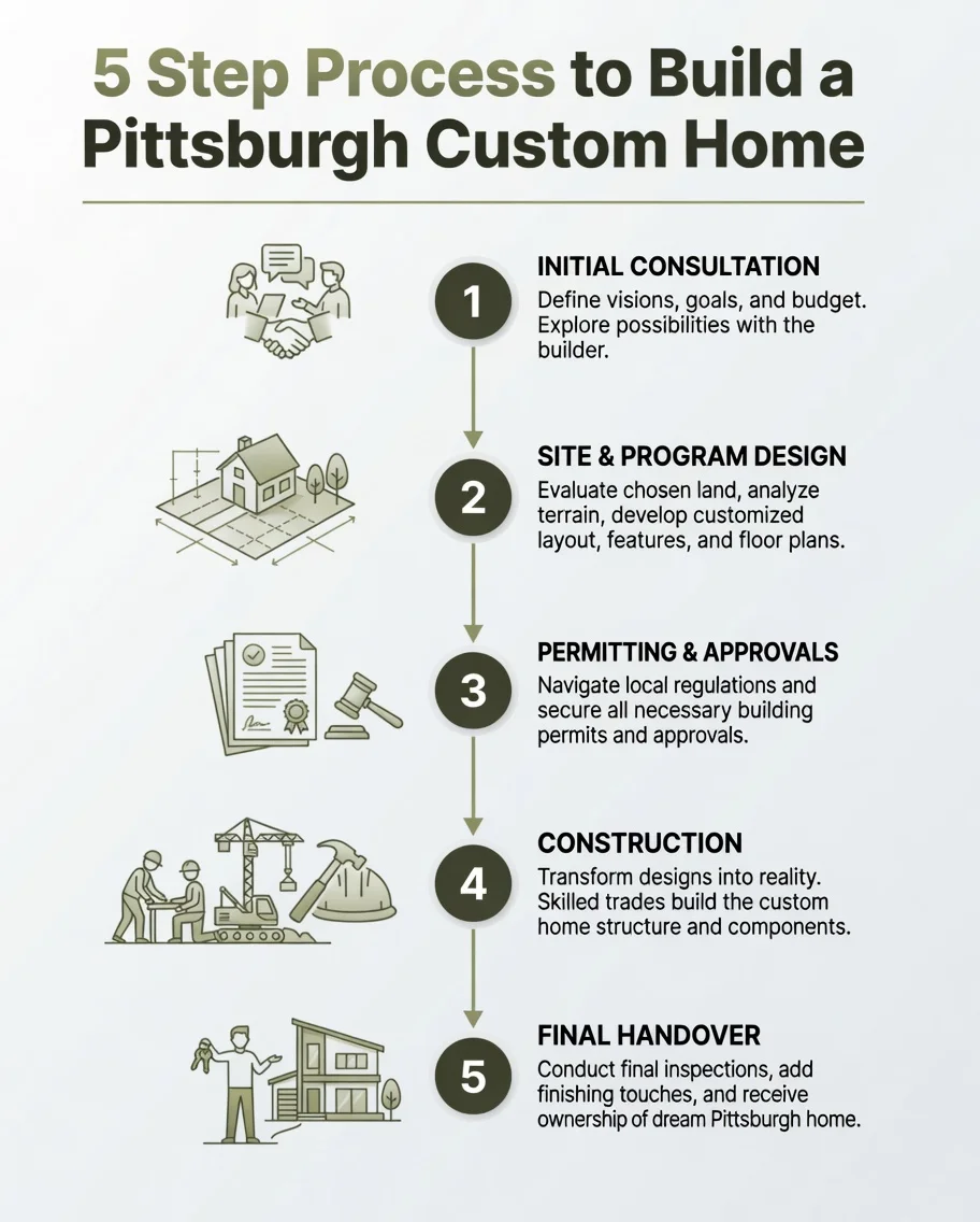 Pittsburgh custom home builder 5-step infographic: planning, design, permits, construction, handover