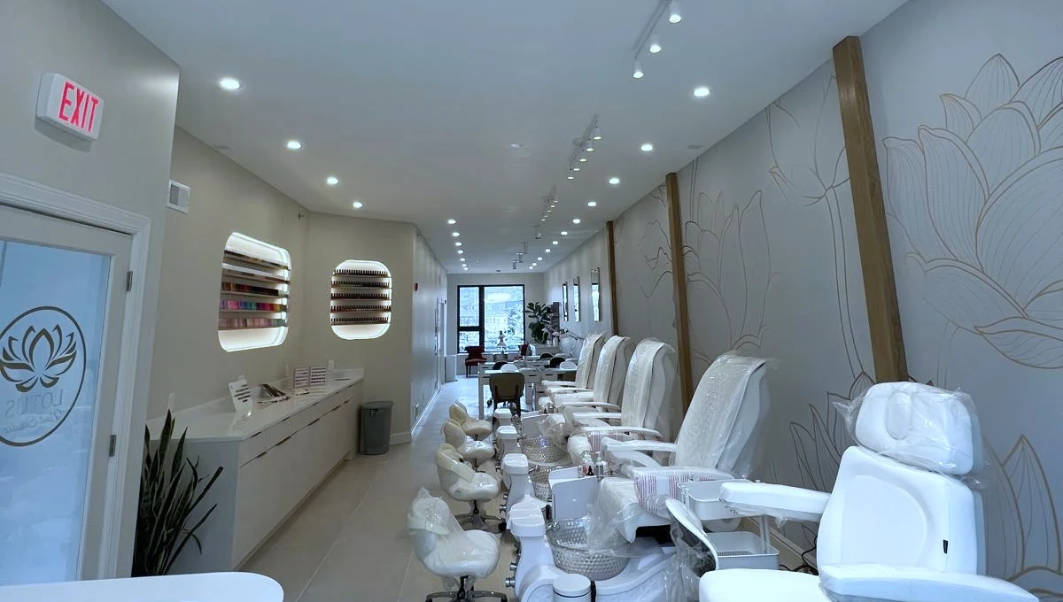 Chandelier &mdash; looking down the length of the pedicure row