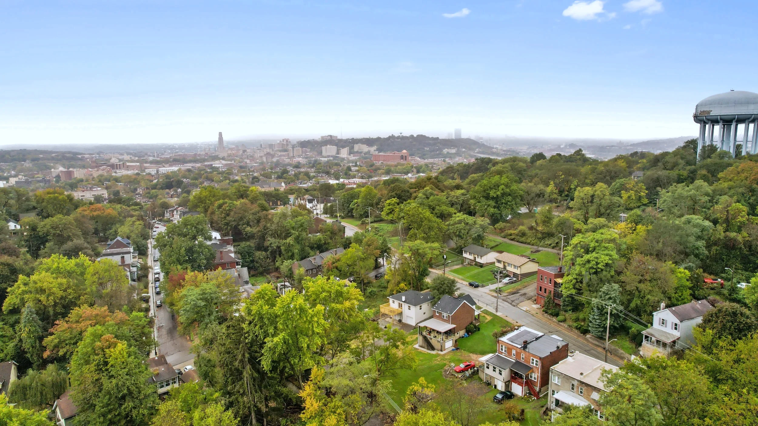 Aerial &mdash; East Liberty in context, Pittsburgh skyline at the horizon