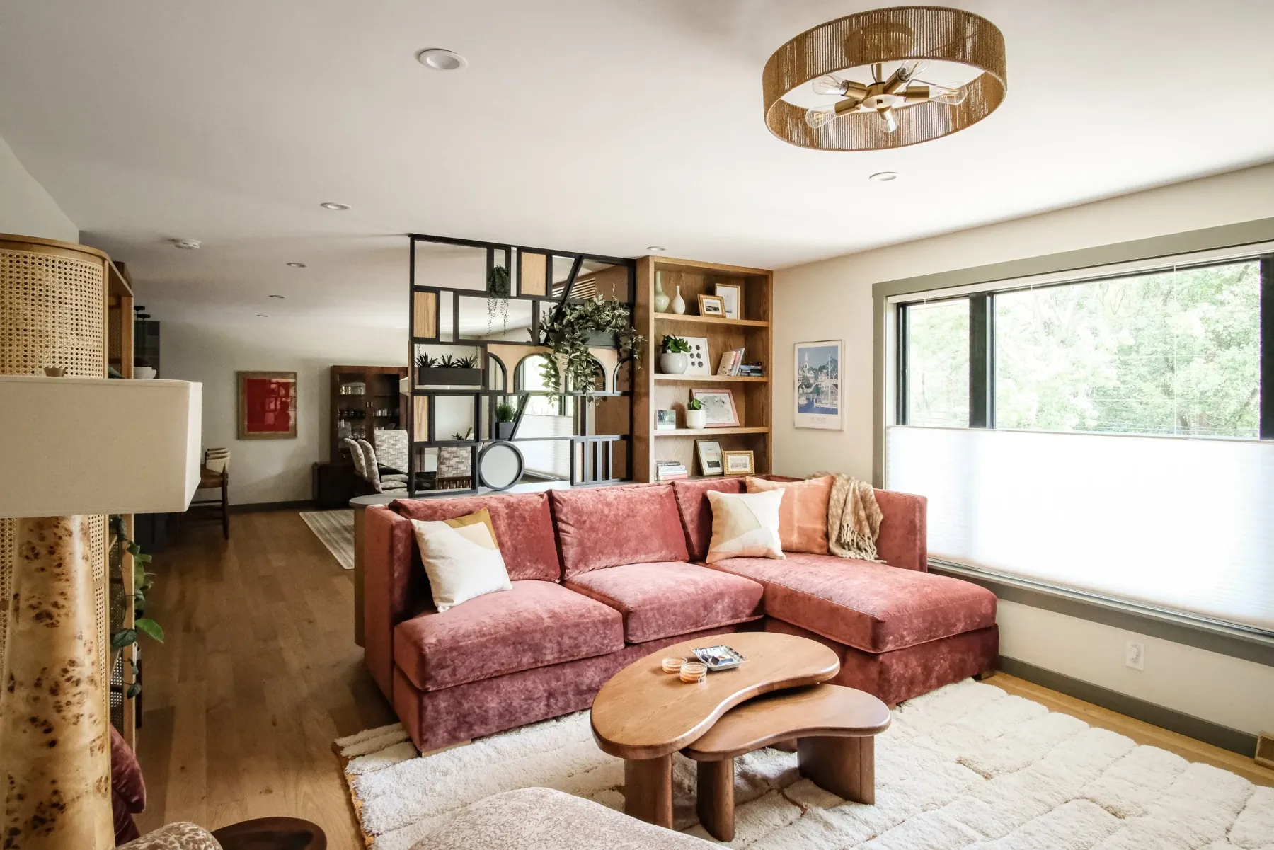 Open-concept living room in a renovated 1957 Highland Park split-level, Pittsburgh