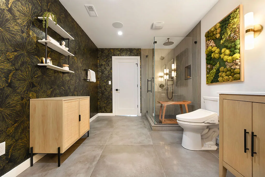 Primary spa bathroom with a glass walk-in shower and tile detailing in a Pittsburgh custom home