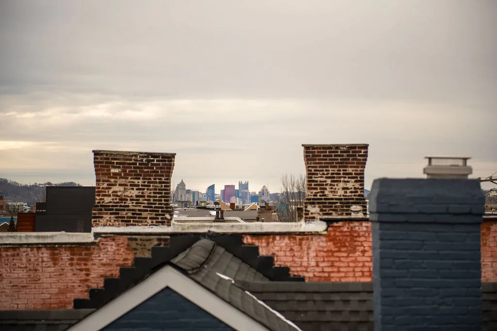 Pittsburgh skyline framed by rooftops, the kind of view a top-floor addition opens up